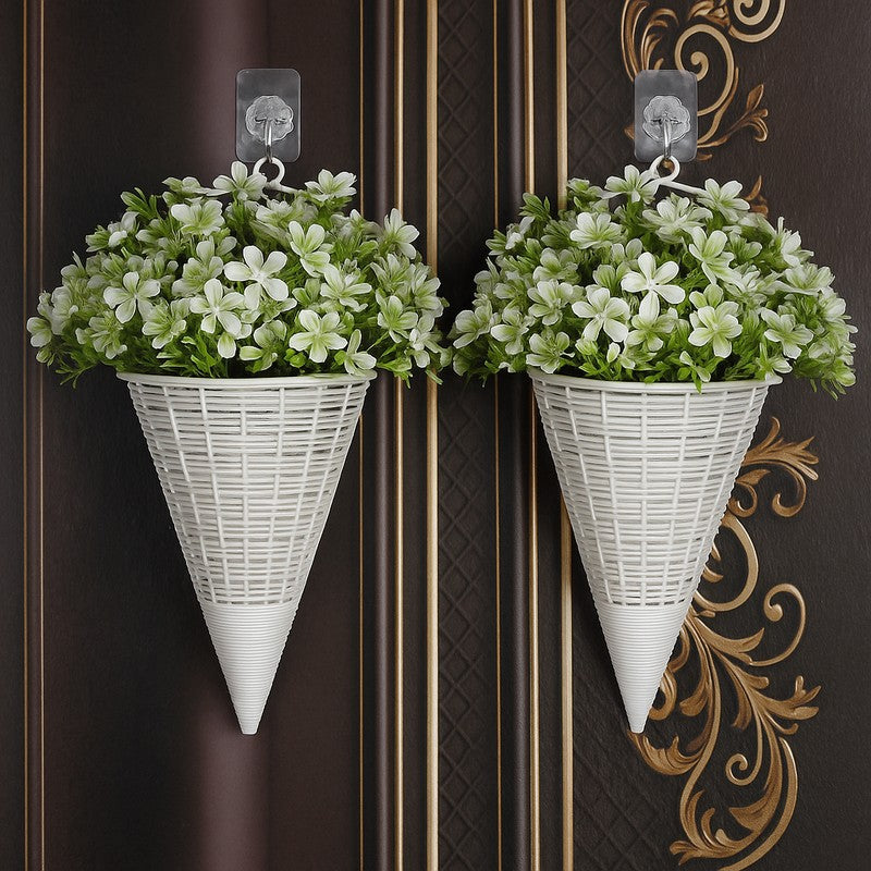 Artificial Flowers (Green,White) with Pot - Set Of Two