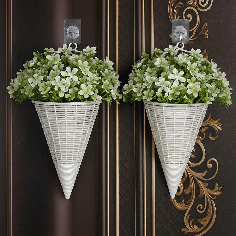 Artificial Flowers (Green,White) with Pot - Set Of Two media 1
