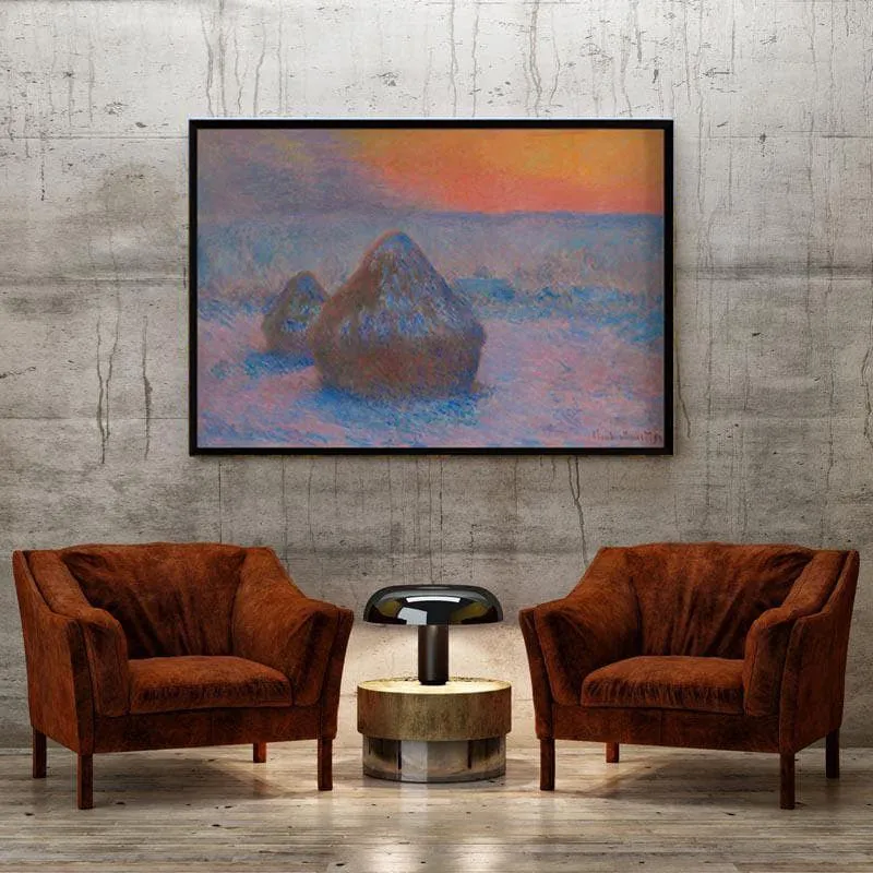 Stacks Of Wheat At Sunset, Snow Effect By Claude Monet - Black Frame media 4