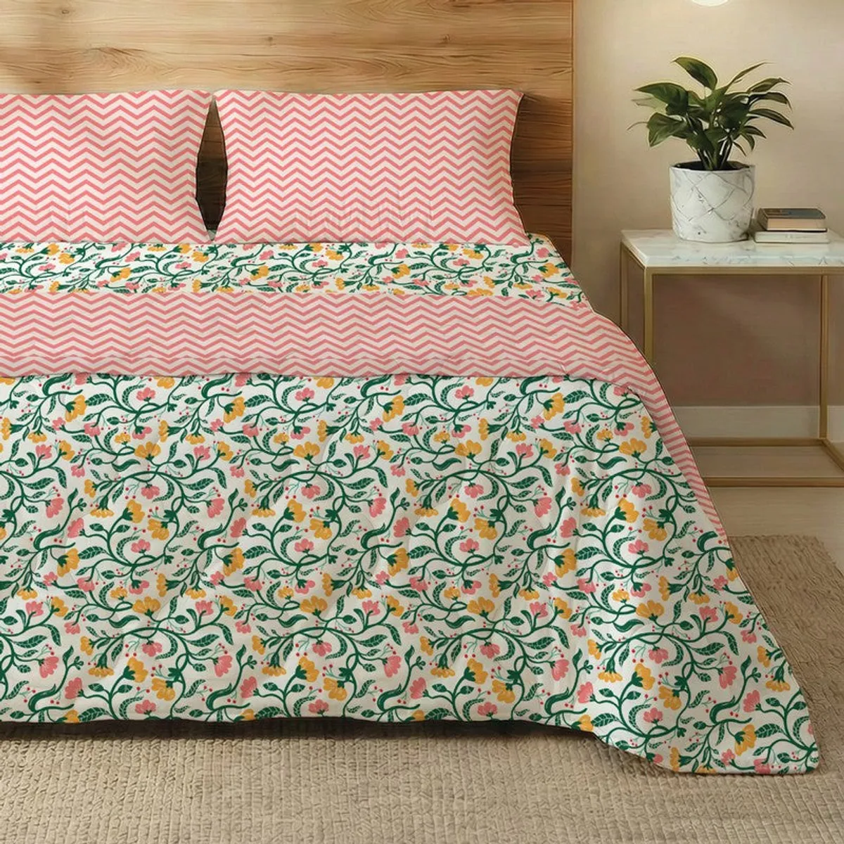 Close view of multicolour bedding with floral print and pink patterned pillow covers