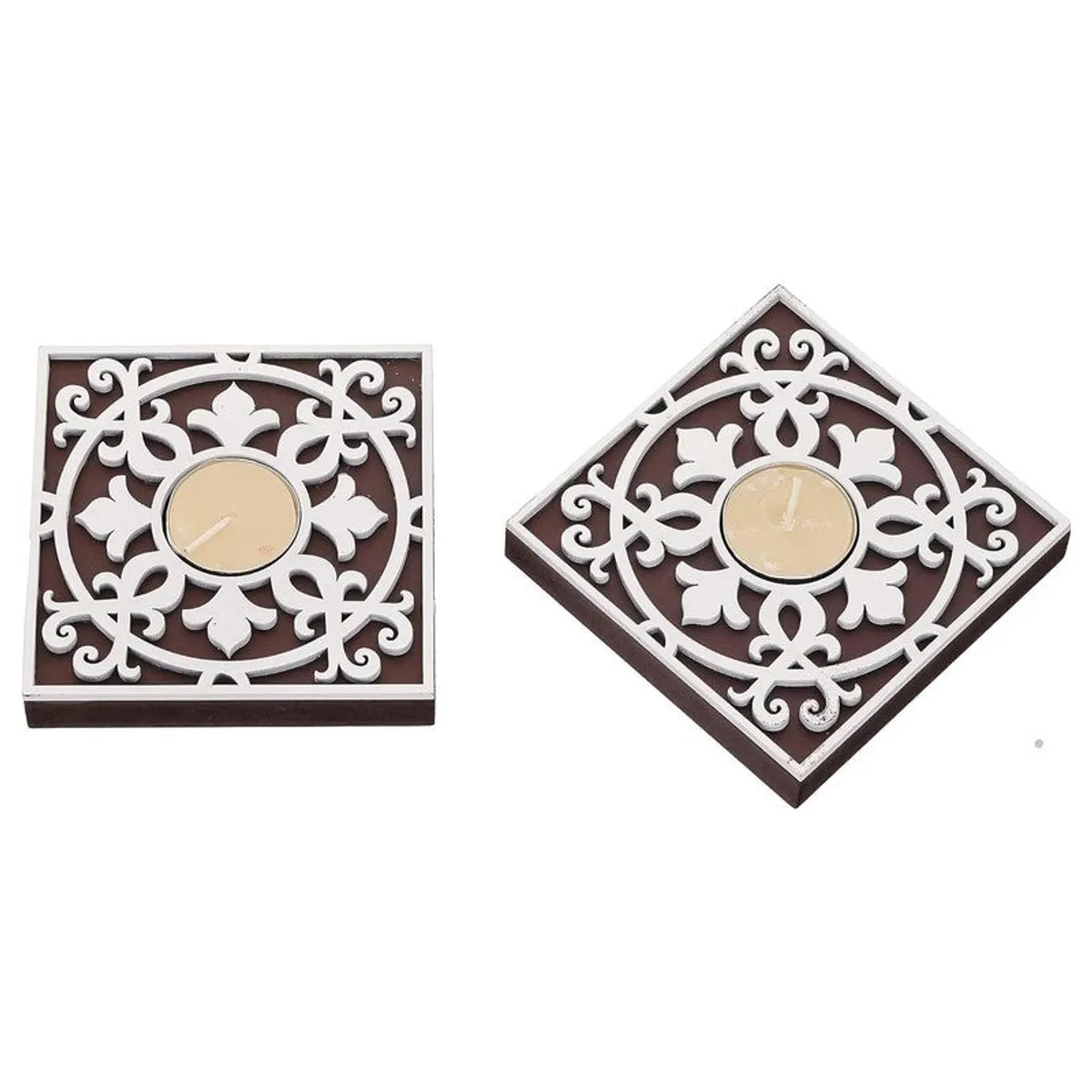 Two square tea light holders, one straight and one angled, on a white background