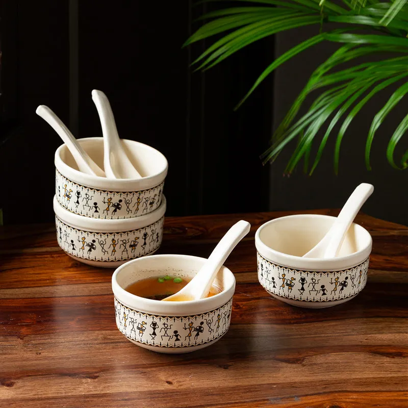 Warli Whirls Handcrafted Ceramic Soup Bowl With Spoon (300 ML) - Eight Piece Set media 1