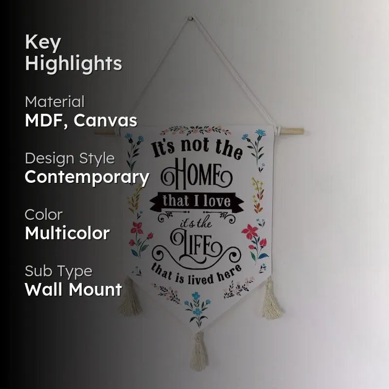 Key highlights graphic showing the wall hanging with material and style text