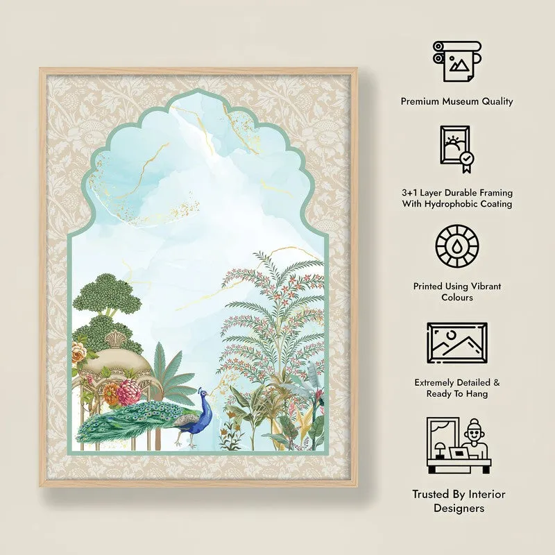 Imperial Garden Framed Jharokha Canvas Archival Canvas Wall Painting - Natural Brown Frame media 8