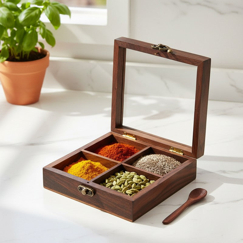 Rasoi Sheesham Wood Square Masala Box - Two Piece Set