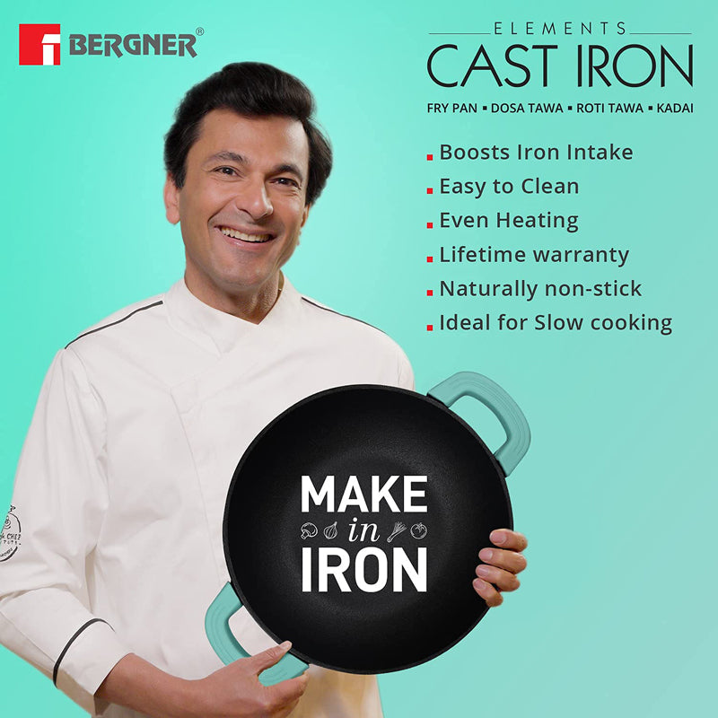 Bergner Cast Iron Kadai With Lid - 2800 mL/9 Inches media 4