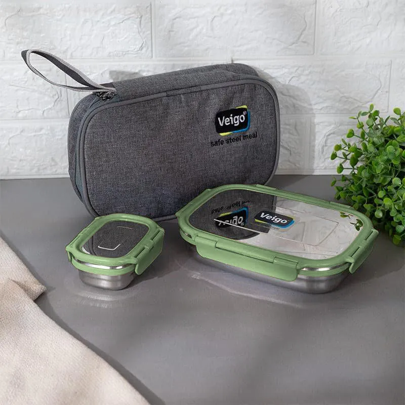 Delico Pack Green Lunch Box With Insulated Pouch (775 /150 mL) - Three Piece Set media 1