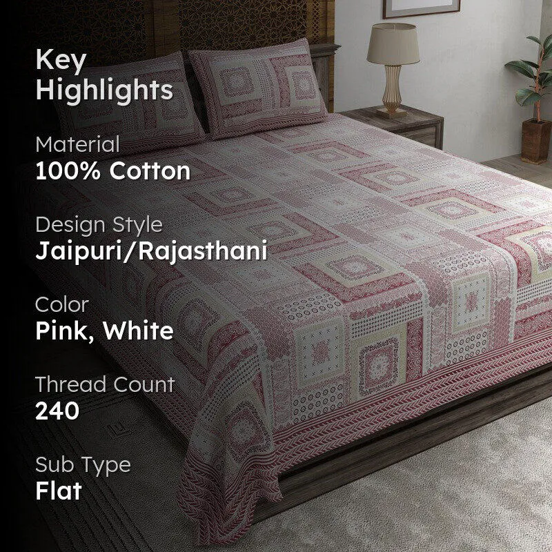 Looma Cotton Bedsheet (Pink,White) - 240 TC media 2