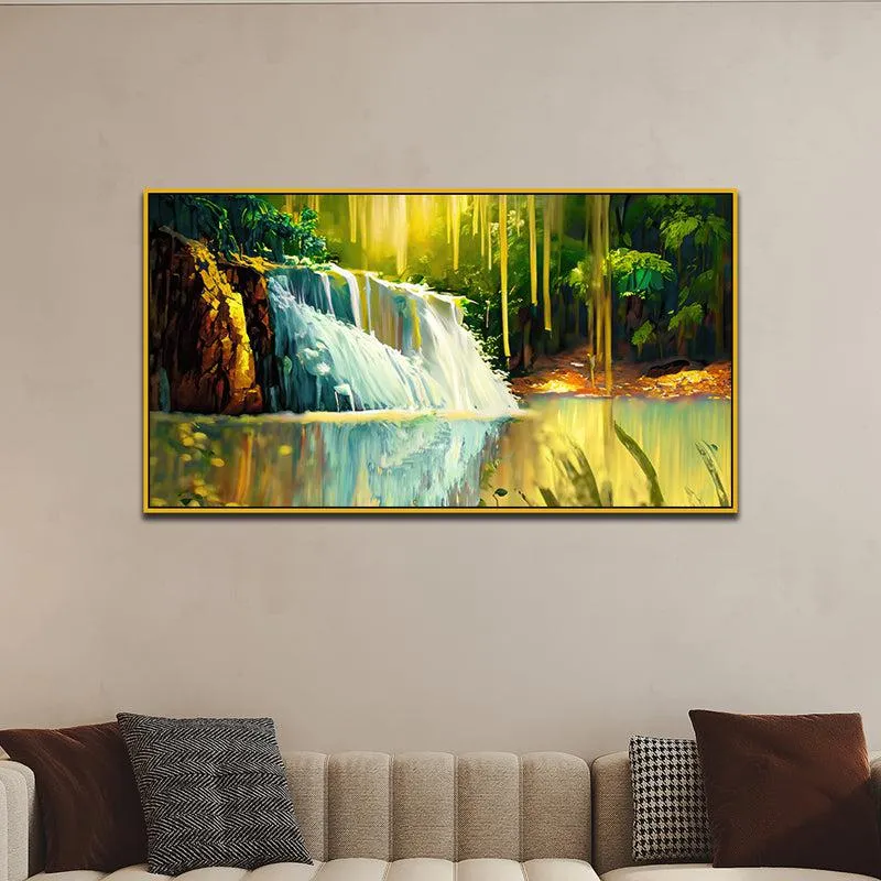 Autumnal Waterfalls Landscape Canvas Wall Painting With Frame - Gold media 1