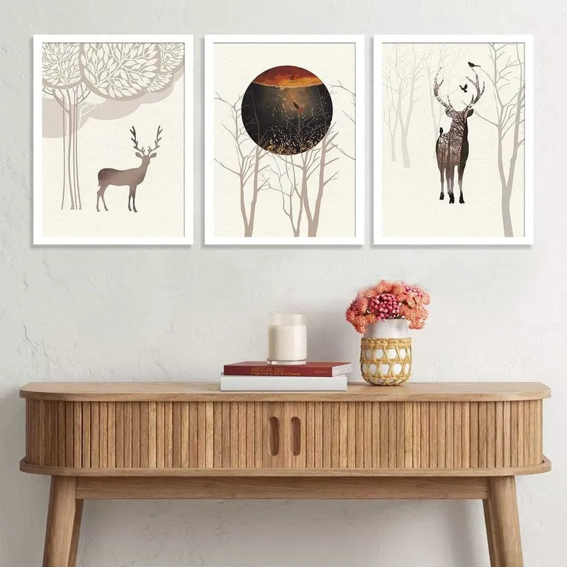 Deerland Paper Wall Painting With MDF Frame (White) - Set Of Three media 3