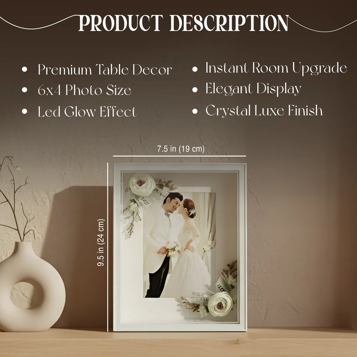 White photo frame with a wedding image styled on a light surface.