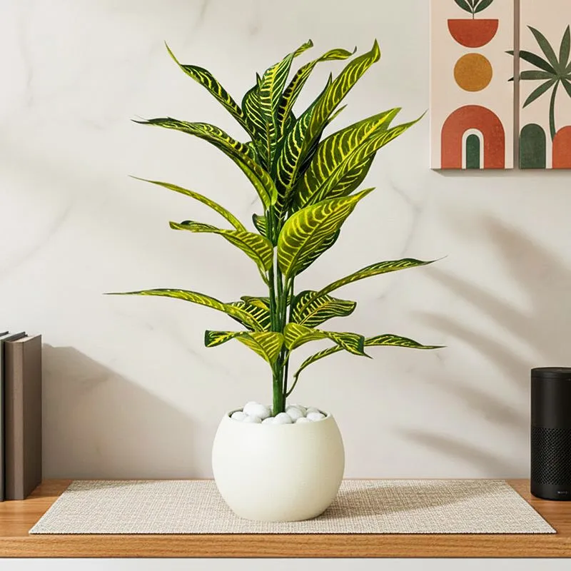 Faux Everlasting Yellow Iceton Croton Plant With Black Plastic Pot - 71 cm (2.3 ft) media 1