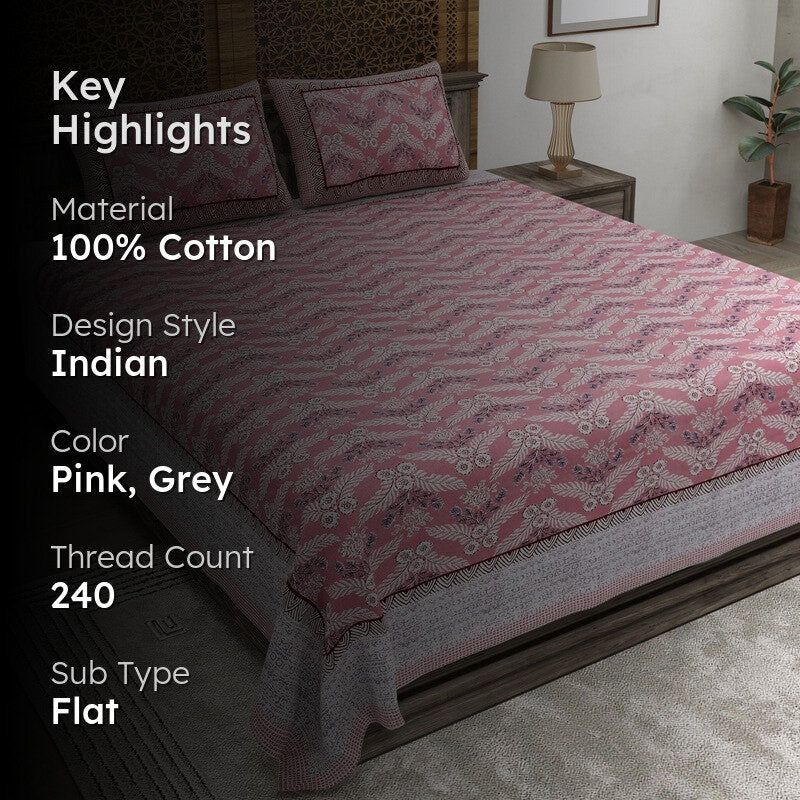 Bloomix Cotton Bedsheet (Pink,Grey) - 240 TC media 2