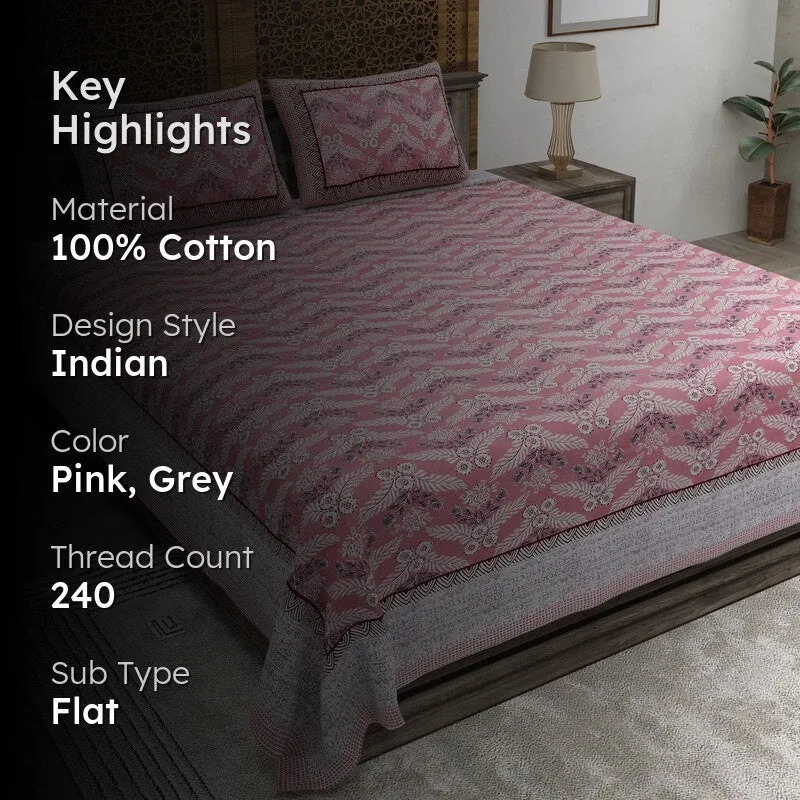 Bloomix Cotton Bedsheet (Pink,Grey) - 240 TC media 2