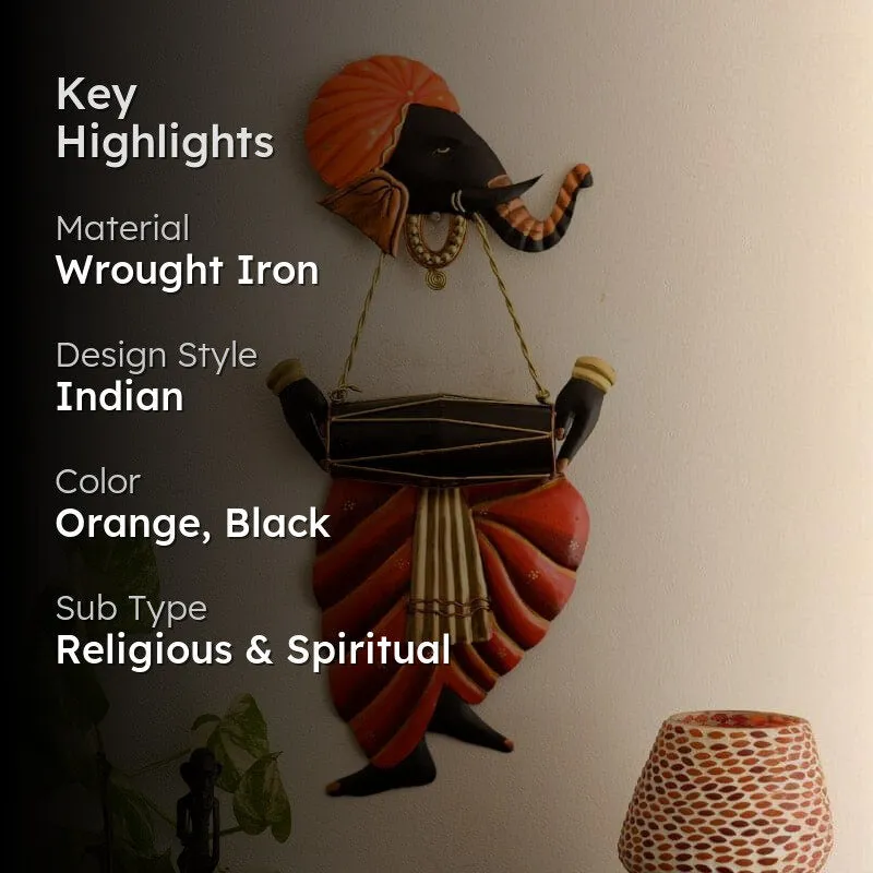 Ganesha With Dholak Wrought Iron Wall Accent media 2