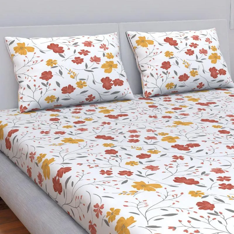 Himeya Comfort Percale Blooms Cotton Bedsheet (Yellow,Rust) - 120 TC media 1