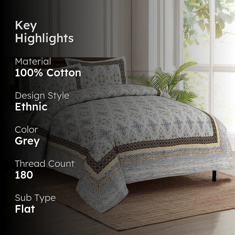 Rakta Ethnic Cotton Bedsheet (Grey) - 180 TC media 2