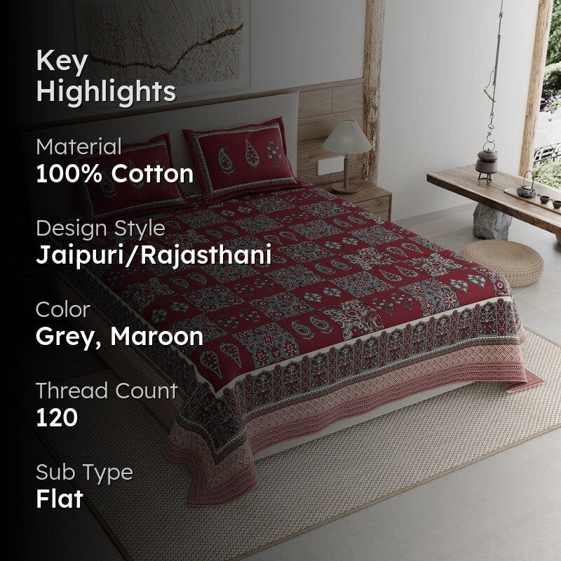 Jaipur Charm Cotton Bedsheet (Grey,Maroon) - 120 TC media 2