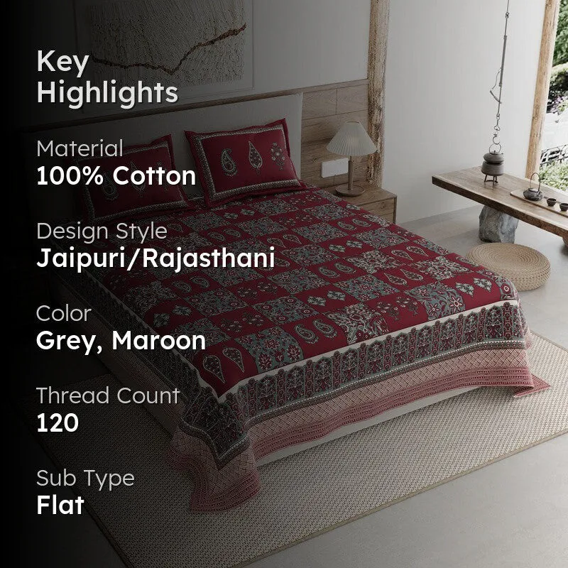 Jaipur Charm Cotton Bedsheet (Grey,Maroon) - 120 TC media 2