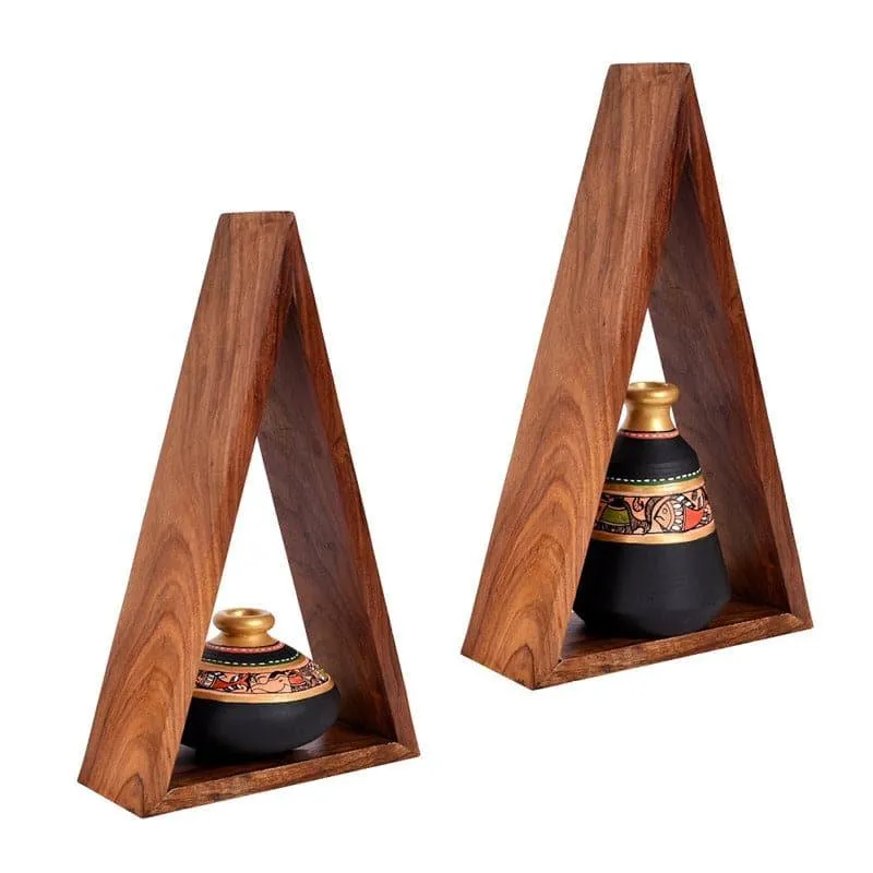 Triangle Tree Wooden Wall Shelf With Madhubani Pot - Set Of Four media 3