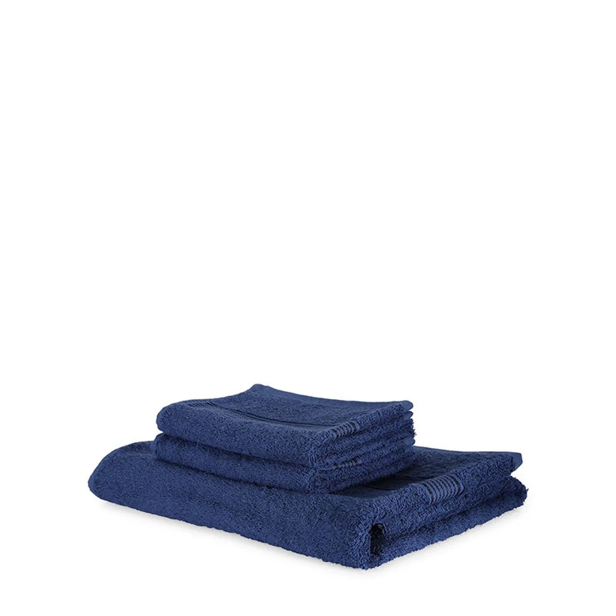 Stack of three dark blue towels on a white background