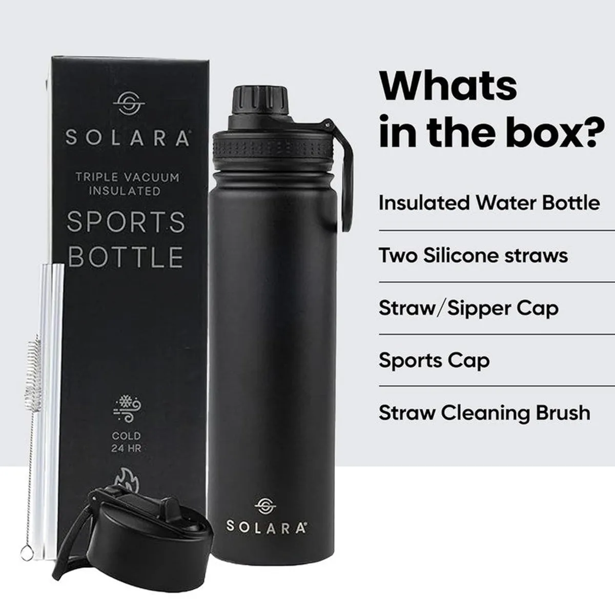 Black bottle with extra lid, straws and cleaning brush beside box