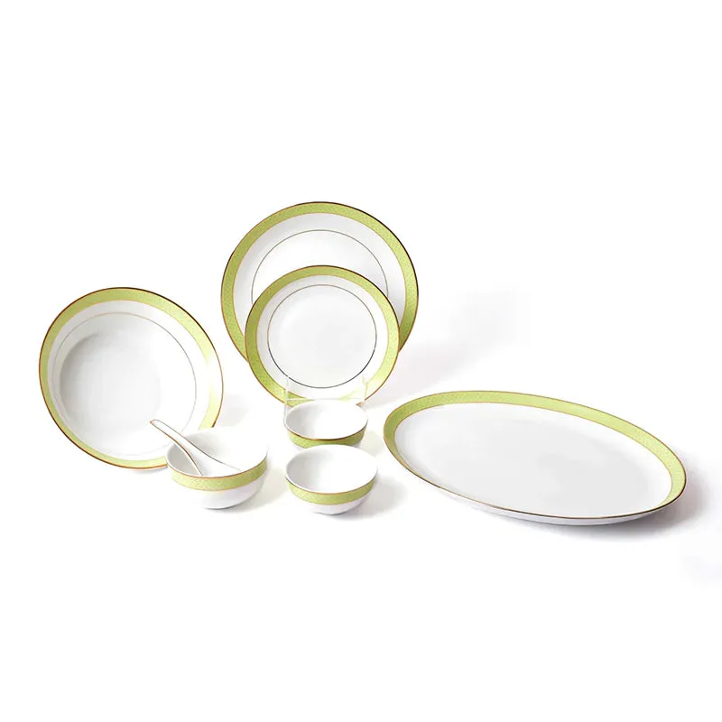 Porcelain dinner set displayed with plates, bowls and an oval platter