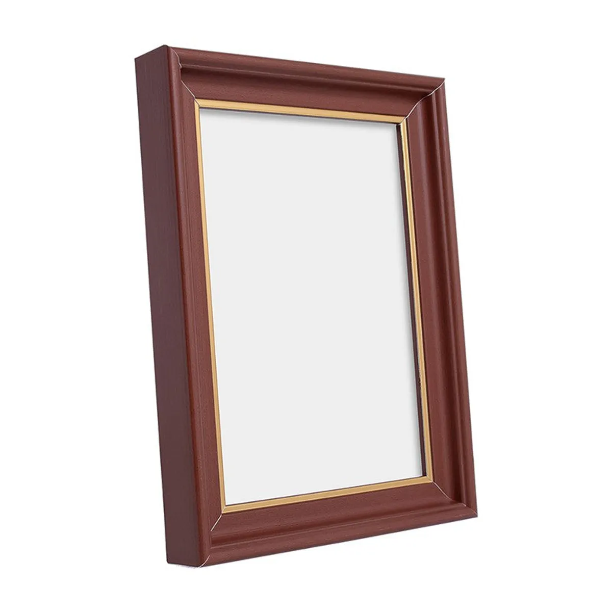 Angled view of a brown rectangular photo frame with a golden inner accent.