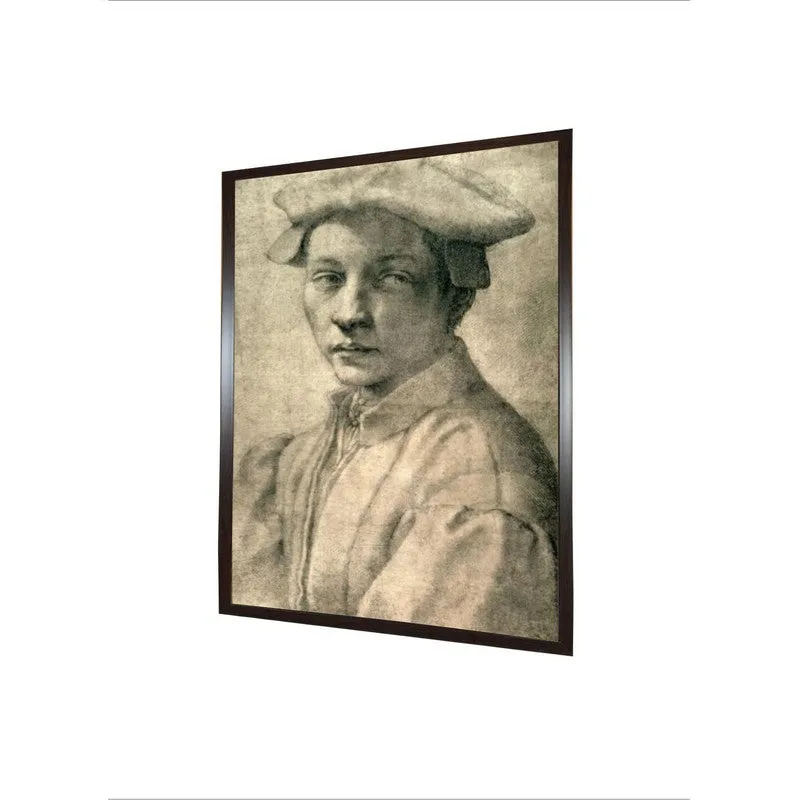 Angled view of a framed portrait wall painting on a white background
