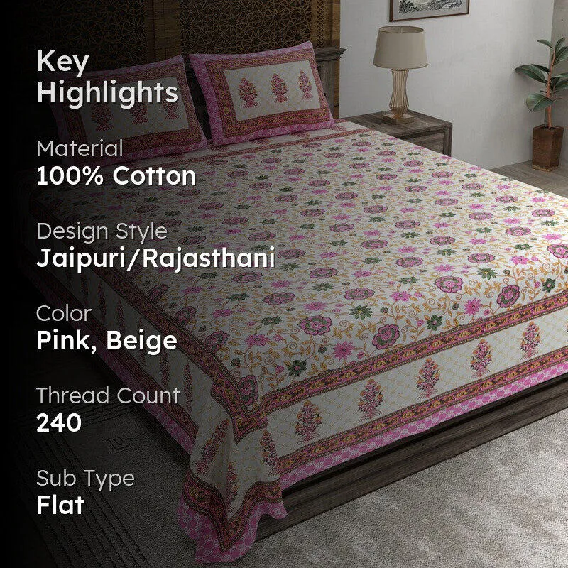 Gridon Cotton Bedsheet (Pink,Beige) - 240 TC media 2