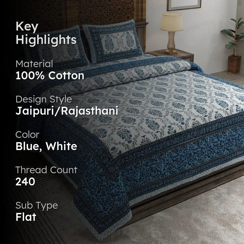 Floraa Cotton Bedsheet (Blue,White) - 240 TC media 2