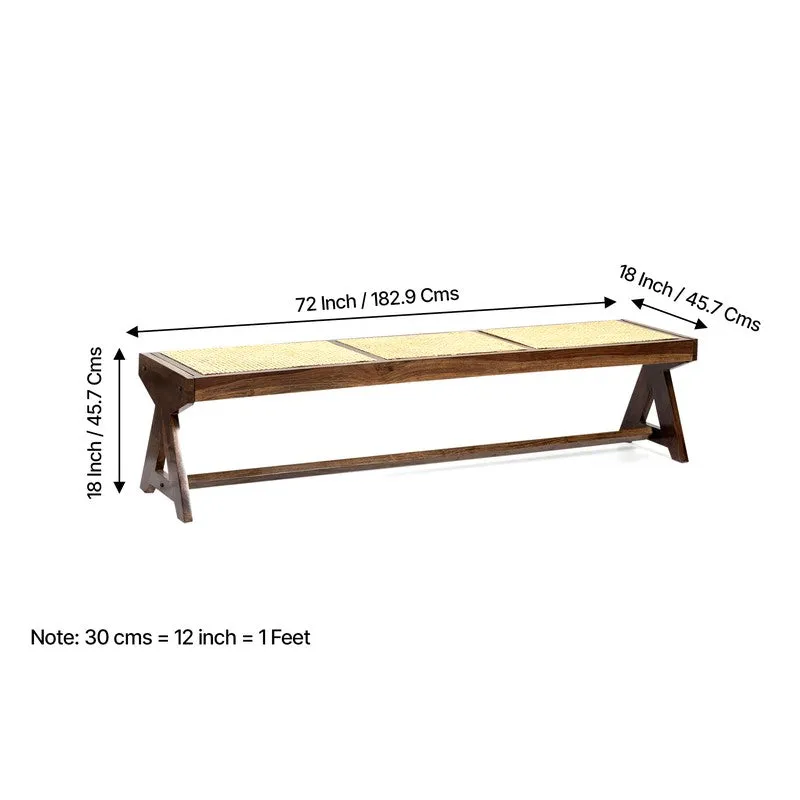 Dimension view of long wooden bench with woven seat