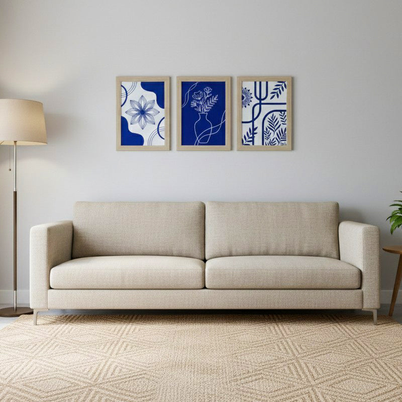 Chic Blue Palette Botanical Wall Painting With Frame - Set Of Three