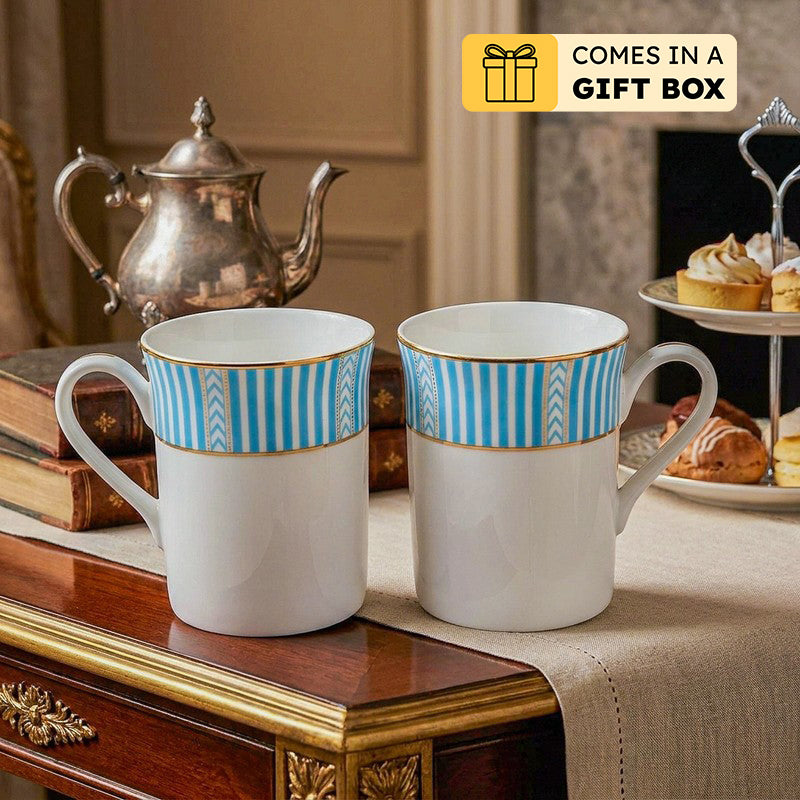 Stripe Classic 24k Gold Brushed Porcelain Coffee Mug (Blue/300 mL) - Set Of Two