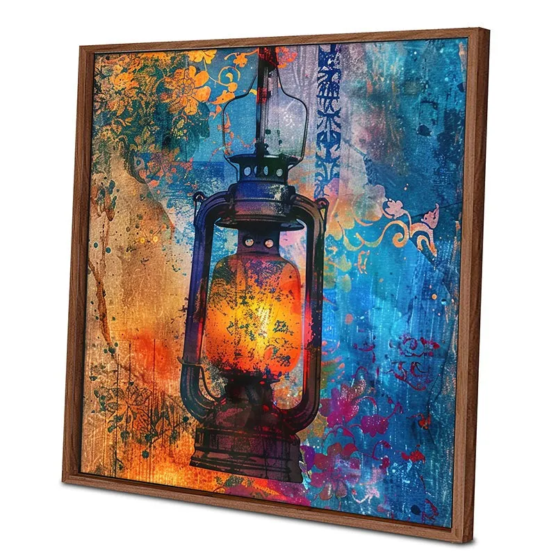 Angled view of framed lantern canvas wall art with vivid blue, orange and pink detailing