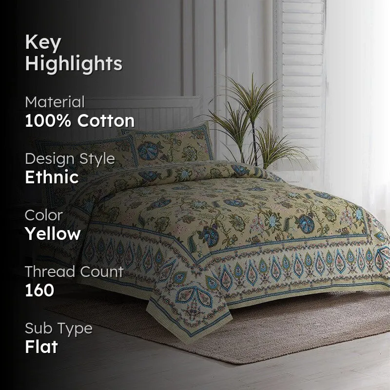Tribhuna Printed Cotton Bedsheet (Yellow,Blue) - 160 TC media 2