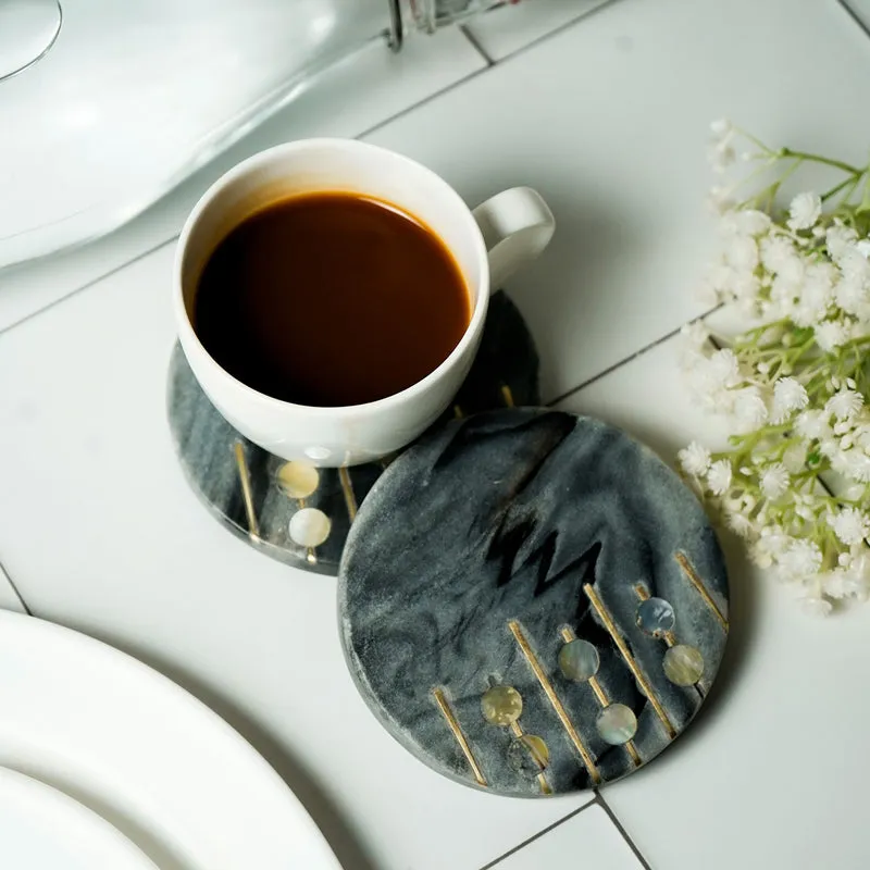 Pearl Charm Marble Coaster With Brass Inlay (Grey) - Set Of Two media 3