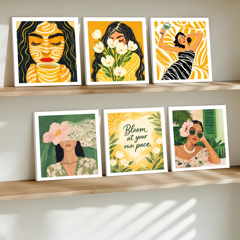 The Saffron Suite Paper Wall Painting With Frame - Set Of Six media 3