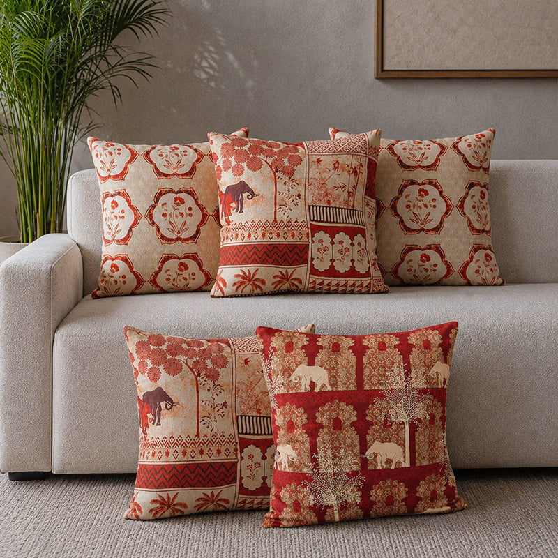 India Circus Ancient Gajaraja Printed Velvet Cushion Cover - Set Of Five - 12 x 12 Inches