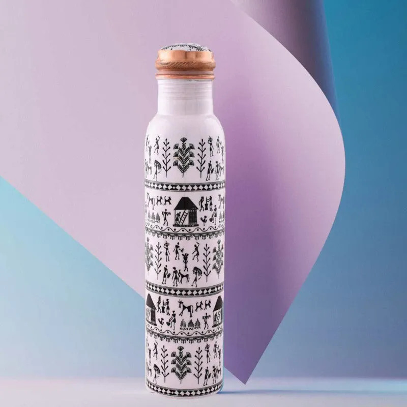 Warli White Copper Water Bottle - 1000 mL media 4