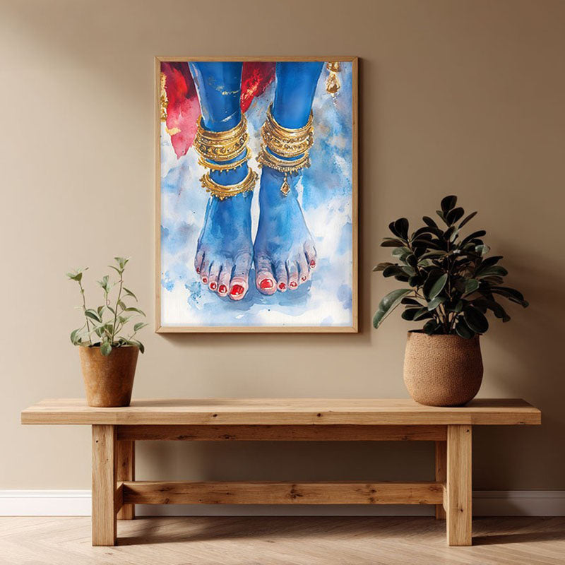 Blue Lotus Feet Spiritual Archival Paper Wall Painting - Natural Brown Frame