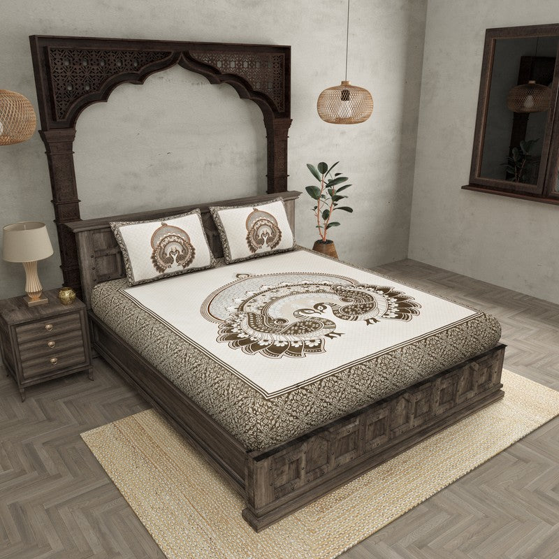Mayura Ethnic Cotton Bedsheet (White,Green) - 180 TC media 3