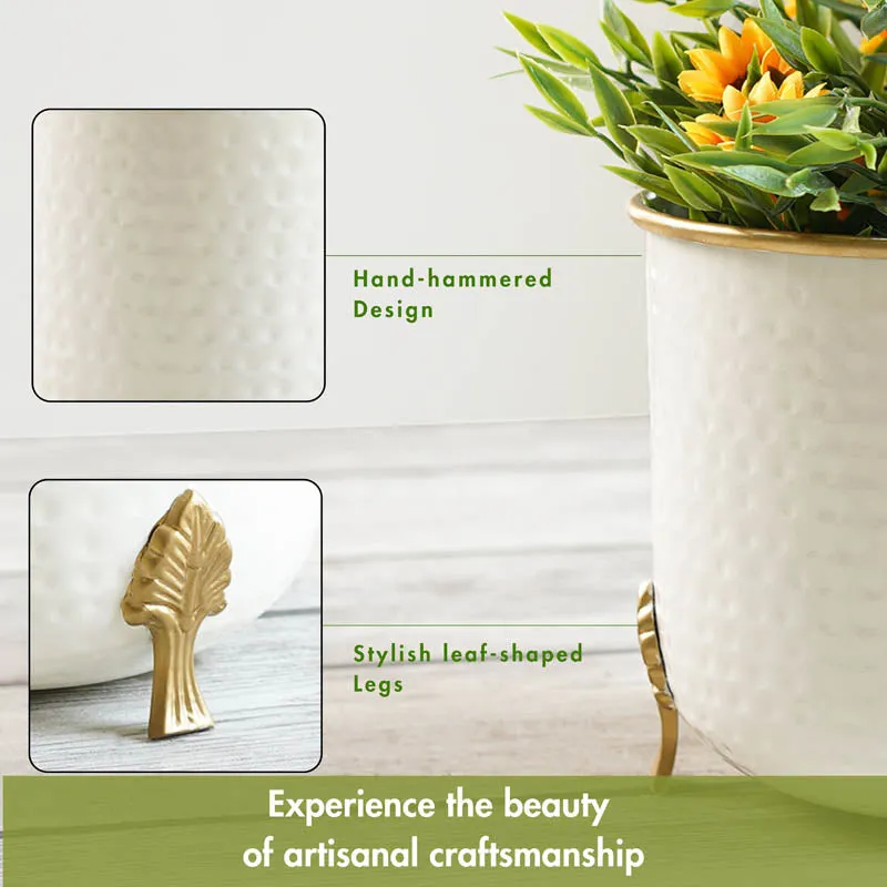 Aurea Metal Hammered Gold Rim Leaf Leg Planter - White media 7