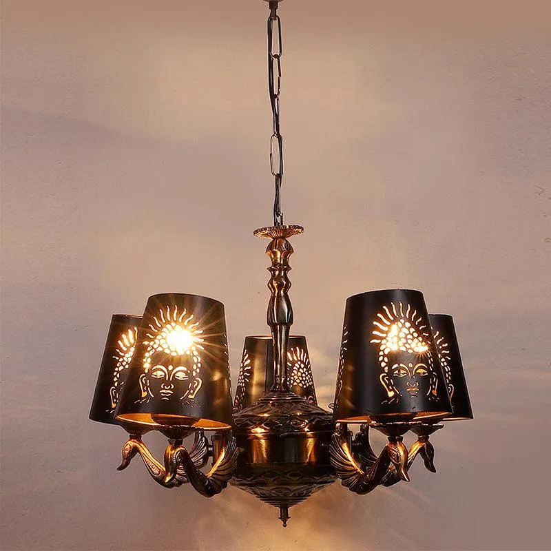 Buddha Etched Mayoor Golden Antique Ceiling Lamp media 1