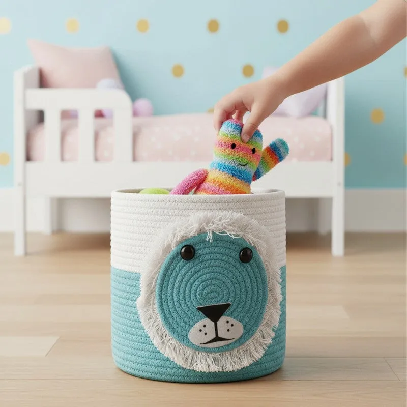 Lion-face storage basket in a nursery with a toy being placed inside