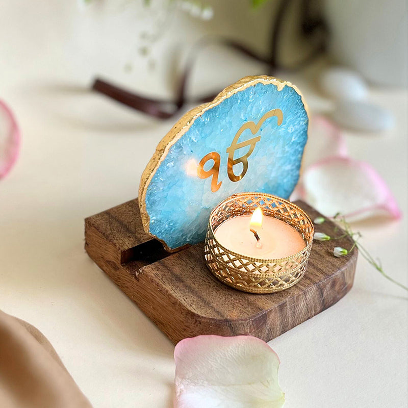 Ik Onkar Handcrafted Agate Religious Accent With Tealight Candle Holder - Turquoise