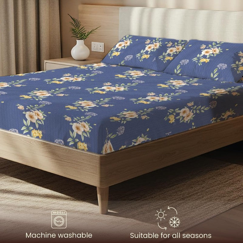 Sky Blossom Floral Cotton Bedsheets (Blue) - 200 TC media 6