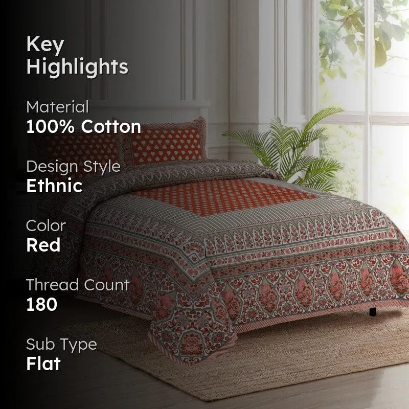 Trivona Regal Ethnic Cotton Bedsheet (Red,Light Green) - 180 TC media 2