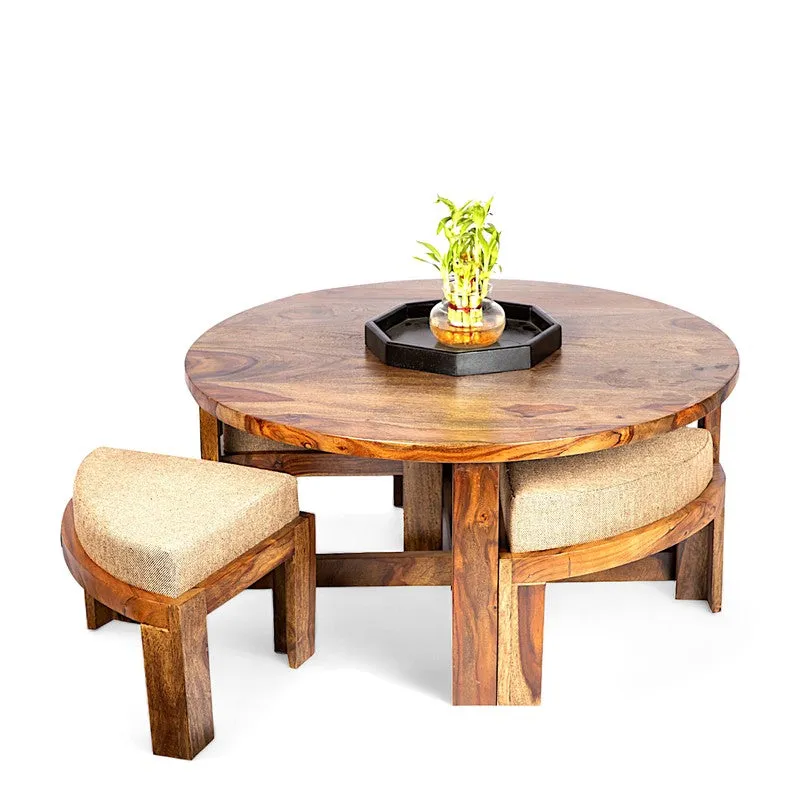 Hervon Sheesham Wooden Center Table with Stools and Cushions (Brown,Beige) - Nine Piece Set media 4