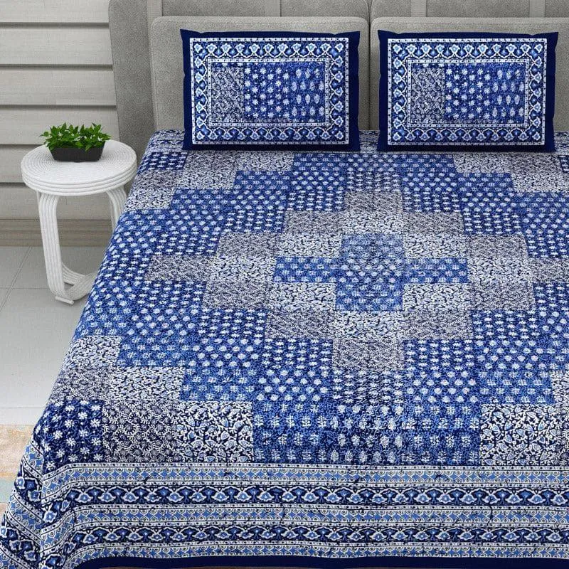 Checkered Glam Ethnic Cotton Bedsheet (Blue) - 140 TC media 3